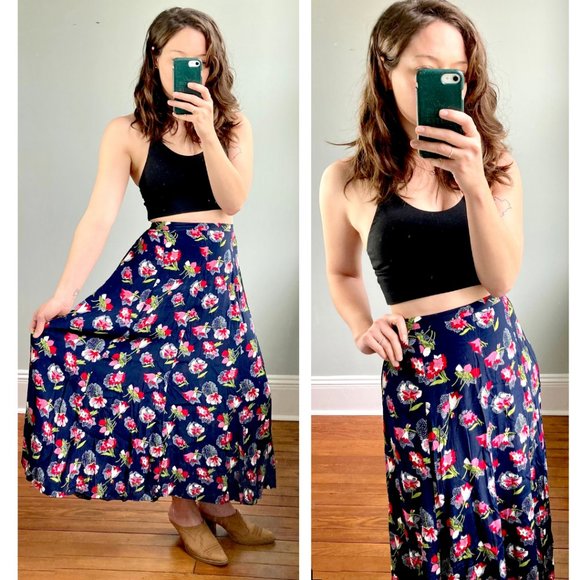 Vintage 90s Floral Navy Blue Hot Pink Cottagecore Grunge Flutter Maxi Skirt 12 - Picture 1 of 8